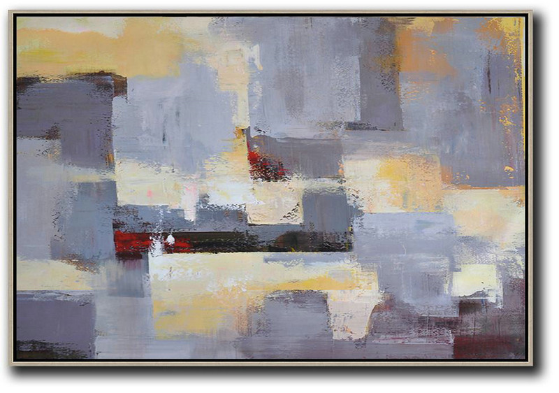 Handmade Extra Large Contemporary Painting,Horizontal Palette Knife Contemporary Art,Hand Paint Large Clean Modern Art,Grey,Yellow,White.etc